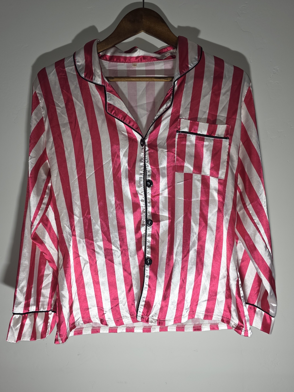 Womens Pink & White Striped Satin Button-Up Top